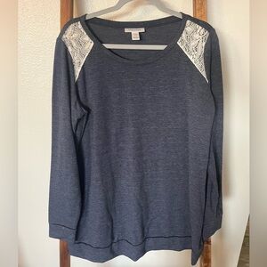 Motherhood Navy Long Sleeve Maternity Top with White Lace Shoulders